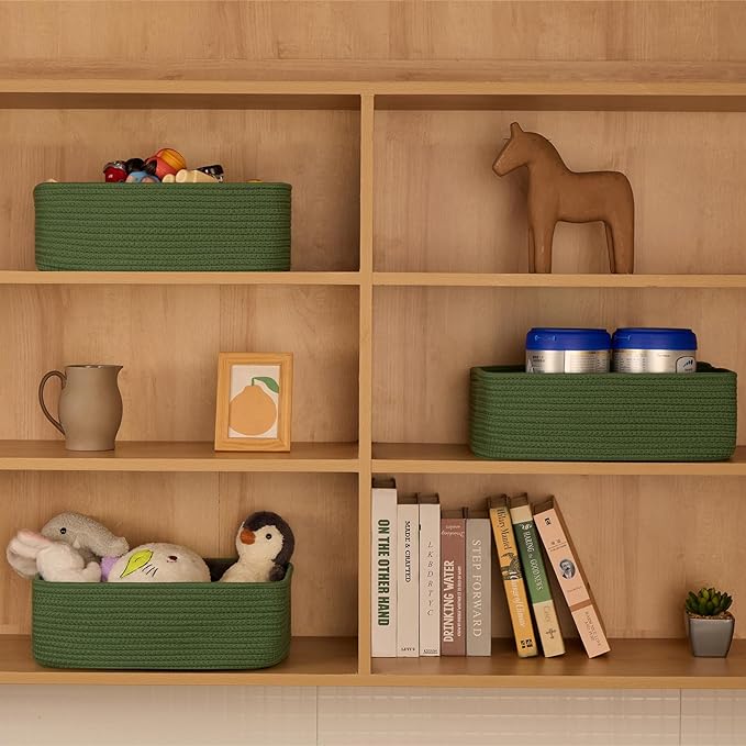 Large Shallow Organizing Baskets 15x11x5.1 Inches - Rope Woven Storage Bins for Bathroom, Shelves, Cube Closet, Green 3 Packs