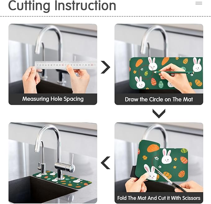 Kitchen Sink Splash Guard 2 PCS 14.7 Inch Sink Faucet Mat Splash Guard for Bathroom Countertop Water Absorbent Foldable Cuttable Soft Washable Deep Green Easter Rabbit Eggs Carrots