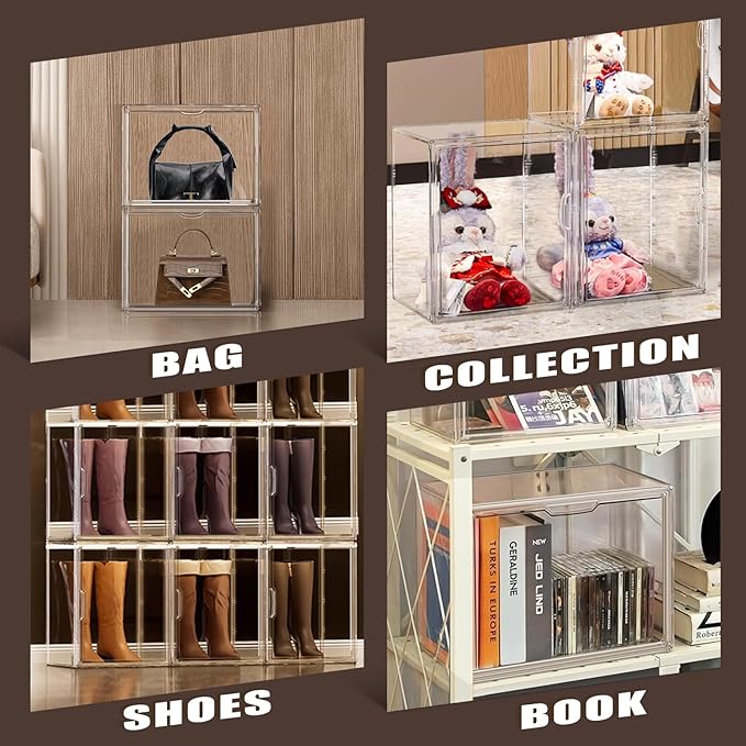 X-Large Acrylic Display Case Size 14 Sneaker Shoe Box with Magnetic Lid, Stackable Purse Organizer Handbag Storage Clear Figure Case Large Collectibles Showcase, Protection Organizer, 1 Pack