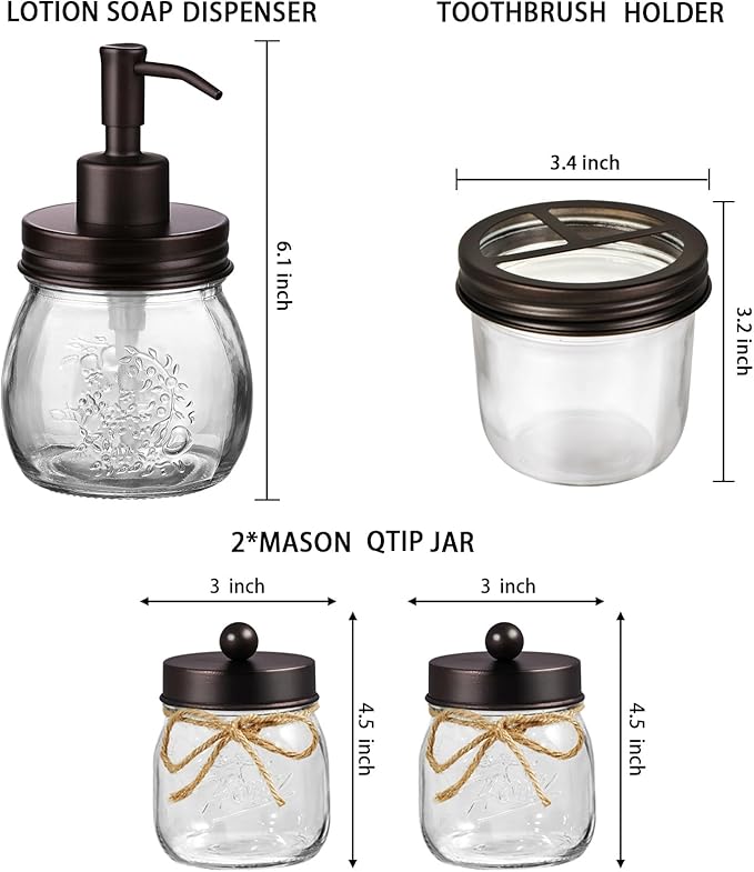 Amolliar Mason Jar Bathroom Accessories Set 4 Pcs -Lotion Soap Dispenser & 2 Qtip Holders & Toothbrush Holder - Rustic Farmhouse Decor, Bathroom Home Decor (Bronze)