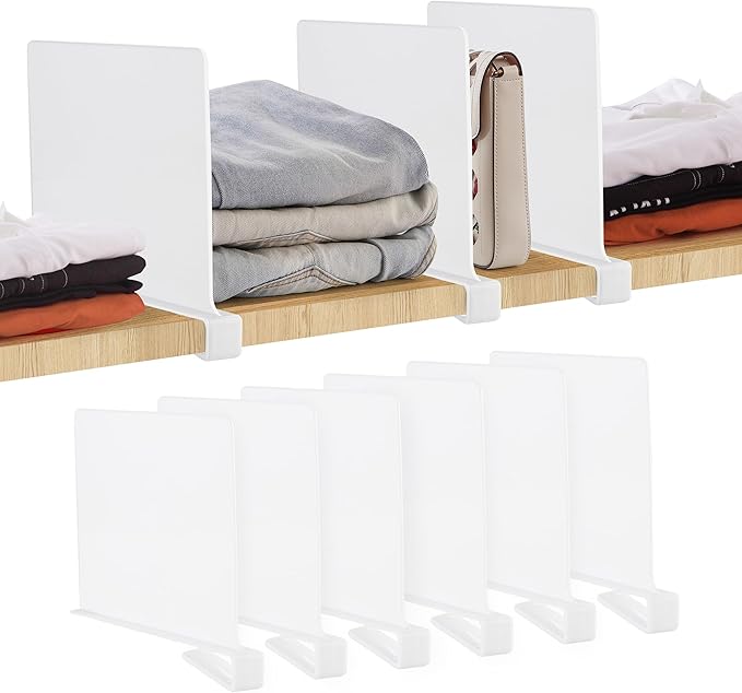 JOY DECOR 6 Pack Acrylic White Shelf Dividers for Closets Organizer and Storage Adjustable Vertical Wood Shelf Closet Separators for Clothes,Book,Bags in Bedroom and Kitchen
