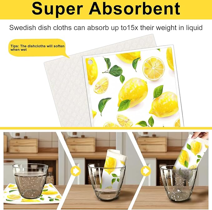 6 Pack Swedish Dishcloths for Kitchen - Reusable Dish Paper Towels Wash Cloths Washable,Absorbent Cellulose Cleaning Sponge Cloth Wipes Quick Dry, Decorative Tea Towels,No Odor Biodegradable(Lemon)