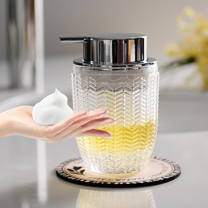 Foaming Hand Soap Dispenser, Glass Foam or Lotion Dispenser for Kitchen & Bathroom Refillable Liquid Soap with Large Silver Pump(Barrel Pattern-Clear)