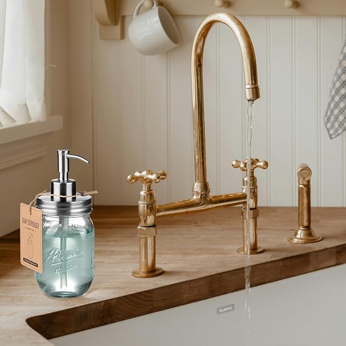 SheeChung 16 Oz Mason Jar Liquid Soap Dispenser, Glass Hand Soap Dispenser, Stainless Steel Pump Lid, Refillable Lotion Dispensers for Bathroom Countertop Kitchen (1, Brushed Nickel)