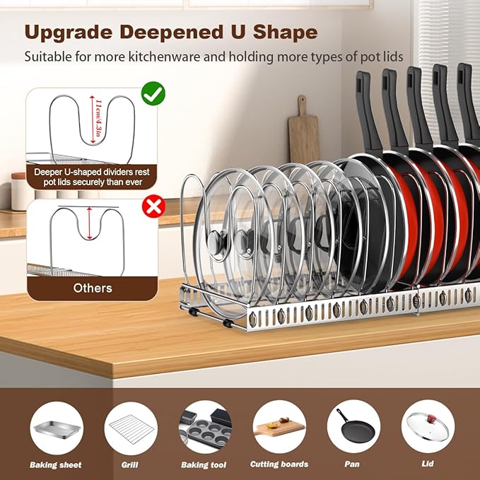 Housolution 2 Pack Pot and Pan Organizer Rack, 12"-23" Expandable Pot Lid Organizer with 14 Adjustable Dividers, Pan Holder Storage Rack for Kitchen Cabinet, Silver