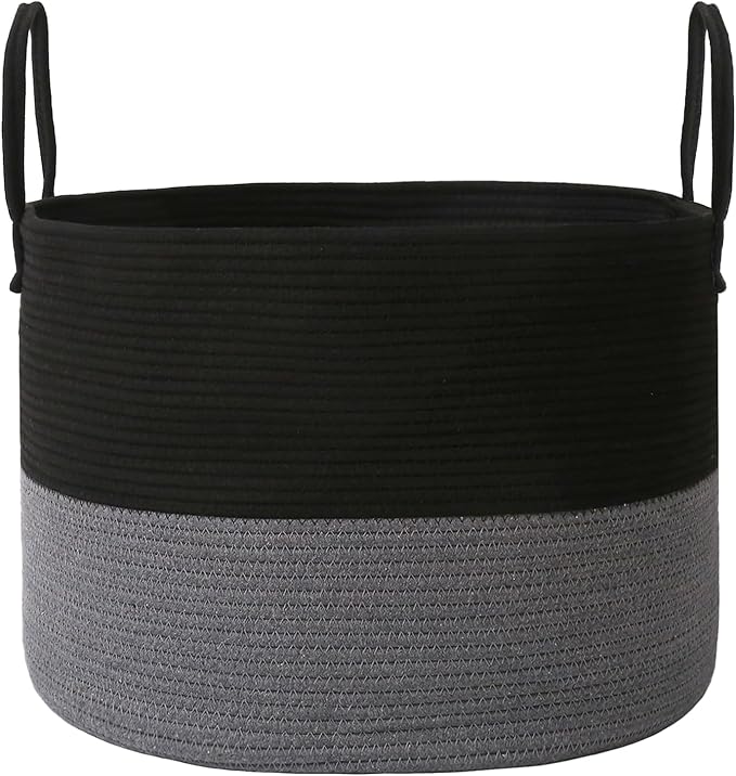 115L Extra Large Blanket Basket for Living Room - Woven Cotton Rope Laundry Hamper with Reinforced Handles - Storage Bin for Pillows, Comforters & Toys - Machine Washable, Black&Grey