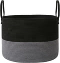 115L Extra Large Blanket Basket for Living Room - Woven Cotton Rope Laundry Hamper with Reinforced Handles - Storage Bin for Pillows, Comforters & Toys - Machine Washable, Black&Grey