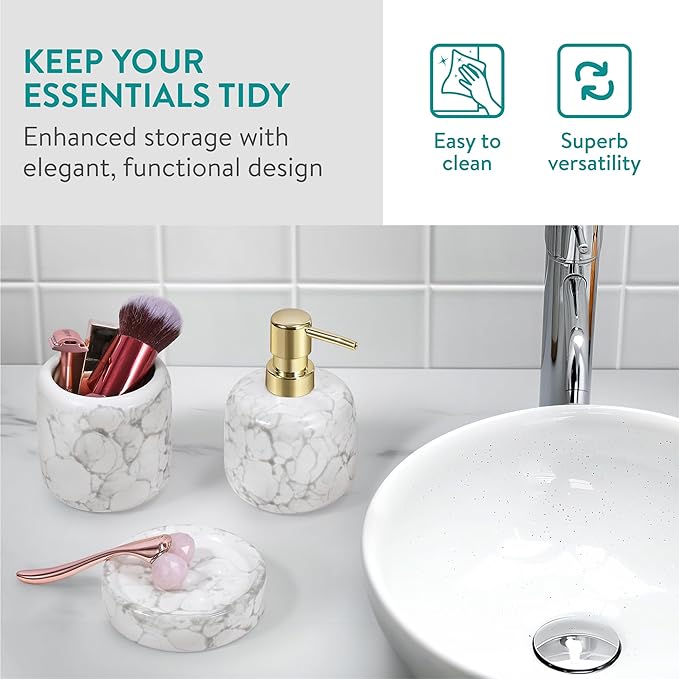 Navaris Ceramic Bathroom Sink Accessories Set - Complete 3pc White Marble Effect Accessory Set - Soap Dispenser, Toothbrush Holder & Tray - Sets for Bathrooms and Kitchen Sinks
