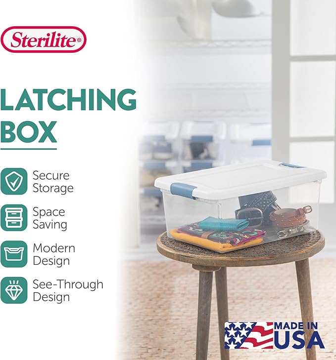 Sterilite 48-Pack Latching Box, Under Bed Storage Bins with Lids, Clear Plastic, 15 Quart - Heavy-Duty Organizing Containers for Closet, Bathroom, and Office