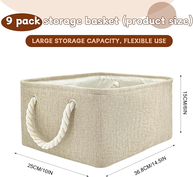 9 Pack Storage Basket Bins & Decorative Baskets Fabric Storage Cubes Containers Bulk W/Handles for Office, Home, Books, Clothes, Bedroom, Closet (Beige)