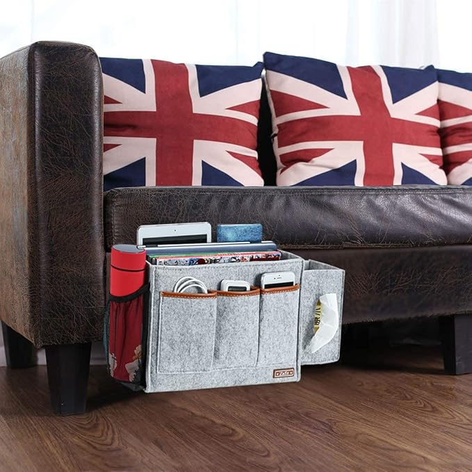 Zafit Bedside Caddy, Large Size Bedside Storage Organizer Bedside Organizer Caddy for Magazine Remotes Phone (13.4'' x 18.1'' Tissue box holder, Light Grey)