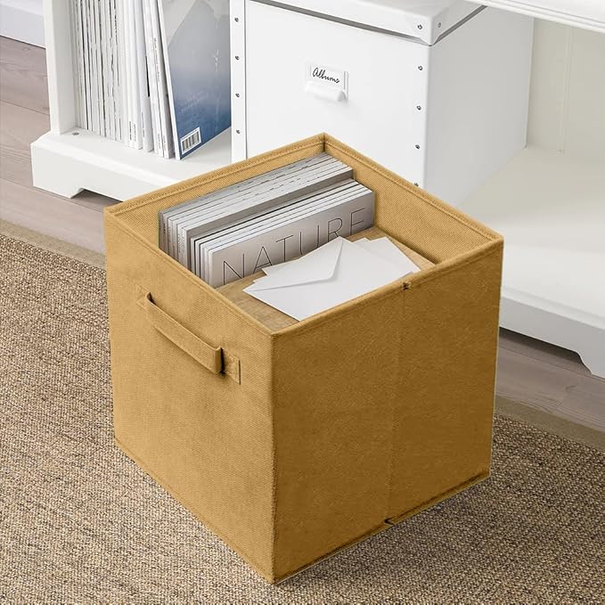 PowerKing Collapsible Storage Cubes with Handles, Fabric Foldable Bins for Closet Shelves, Durable Organization Storage Bins, 10.5'' x 11'' x 10.5'' (Khaki, 6Pack)