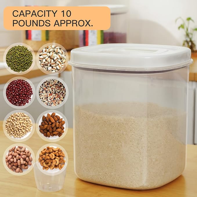 LivLab Rice Dispenser,10 Lbs Rice Container Storage with Measuring Cup Food Cereal Container Bins Household for Kitchen Pantry Organization