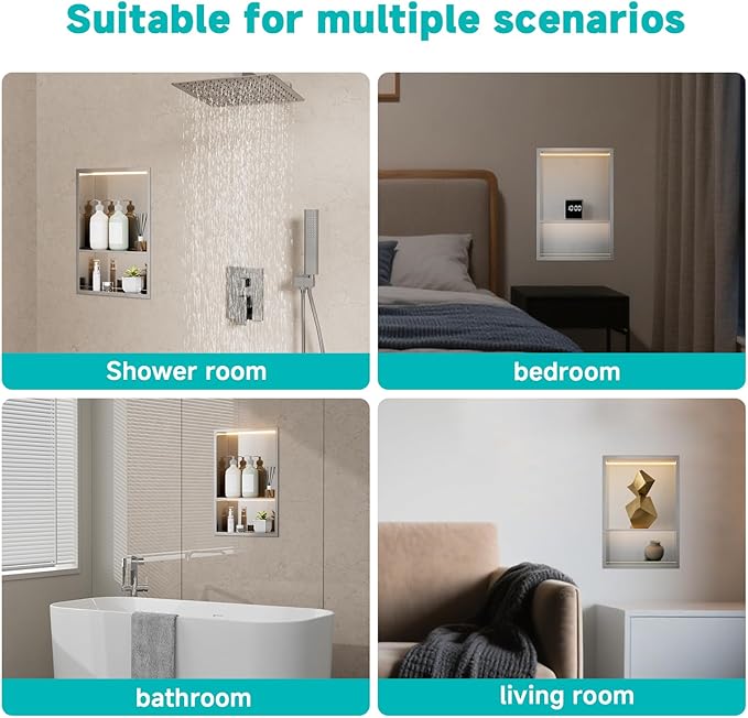 TSIBOMU Stainless Steel LED Lights Shower Niche 12" x 18" – Recessed 2-Tier Shower Shelf, 12"x12" Upper & 12"x6" Lower Storage, Modern Bathroom Wall Niche (Brushed)