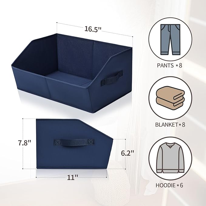 Closet Baskets for Shelves Trapezoid - Decorative Storage Baskets with Handle, Closet Bins for Organization, Shelf Storage Bins for Clothes, Books, Home, Office, 3 Pack, Navy Blue