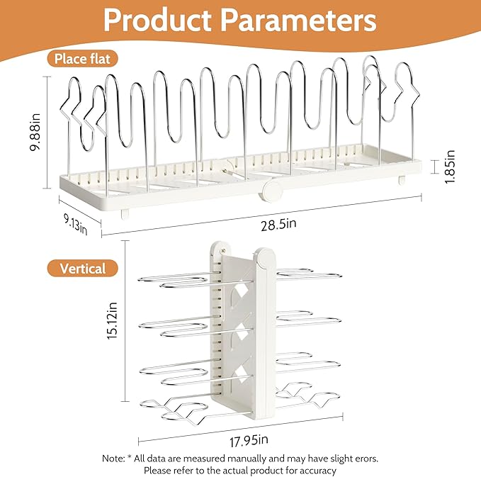 CEHNCEH Pots and Pans Organizer under Cabinet for Cabinet and Countertop Longest 28.5 in Foldable Adjustable 8-Tier Pan Organizer Rack Perfect to Store Pots, Kitchen Cabinet Organizer (White)