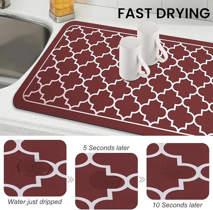 WISELIFE Dish Drying Mat Super Absorbent Drying Mat Large Dish Drying Mats for Kitchen Counter Easy Clean Dish Mat Kitchen Drying Mat18"x 32" Stylish Red