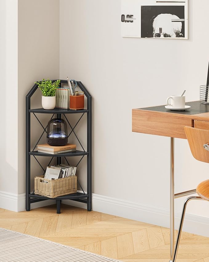 3-Tier Corner Shelf, Industrial Corner Bookshelf, 35.4" Storage Stand, Plant Stand Display Shelf, Bookcase for Bedroom, Living Room, Home Office, Black TCJ03BB ﻿