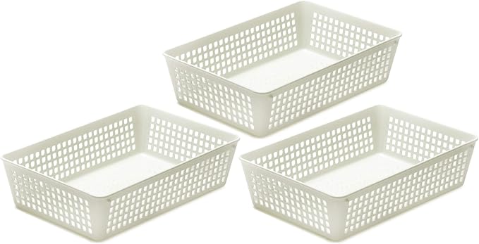 YBM Home 3-Pack Plastic Storage Baskets Bins for Home Junk Drawer, Shelves, and Office Organization, Functional Trays/Containers Great for Kitchen Pantry, Cabinets, Bedrooms, and Bathrooms, White