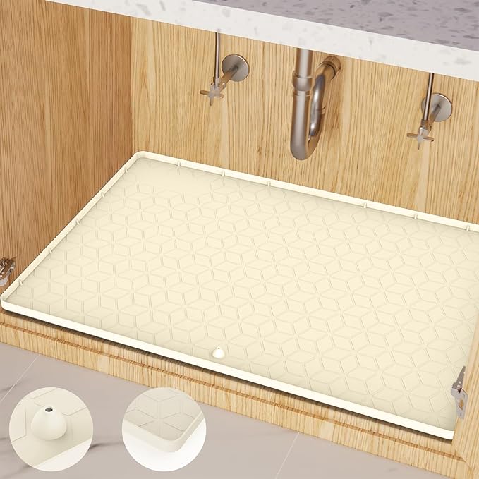 Under Sink Mat, 28"x22" Under Sink Mats for Kitchen, Silicone Waterproof Under Sink Liner, Sink Cabinet Organizer Tray with Drain Hole