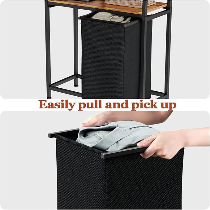 Furnulem 4 Tiers Laundry Hamper with Shelf and Hooks, Tall Laundry Basket Sorter with 2 Removable Bags, Double Clothes Hampers Organizers for Bathroom Bedroom