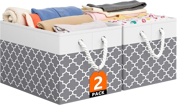 Storage Bin,Collapsible Storage Basket For Organizing,Large Storage Boxes With Rope Handles,Storage Containers,Clover Grey,2 Pack