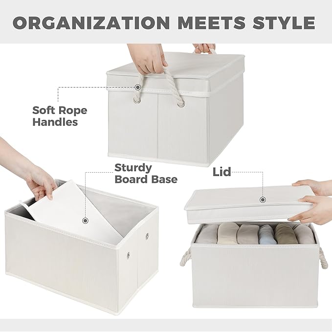 Set of 3 Fabric Bins for Organization - Foldable & Stackable With Lid & Rope Handles - Collapsible Fabric Storage Cubes Lightweight & Sturdy Bottom, Space Saving Collapsible Bin, Ivory
