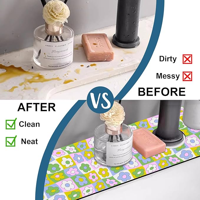Cute Flowers Sink Splash Guard Retro Floral Faucet Absorbing Mat Fast Drying Mat Sink Gadgets Splash Guard Behind Faucet Drip Catcher for Kitchen Bathroom, 23.5"x5.5"