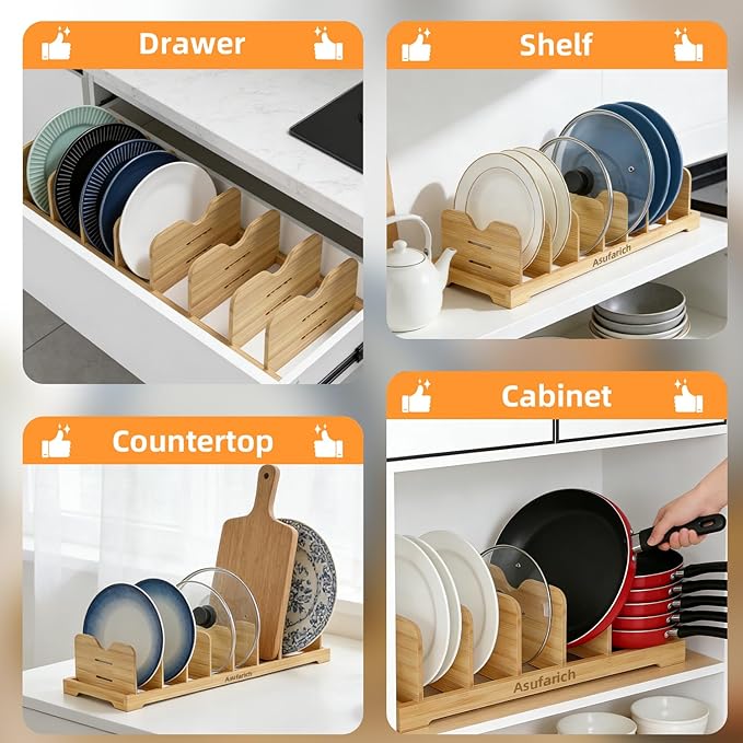 Pots and Pans Organizer Under Cabinet, Cutting Board/Baking Sheets Storage Rack, Adjustable Bamboo Pot Lid Holder, Pot Lid Organizer Inside Cabinet, Pot and Pan Organizers(Natural)