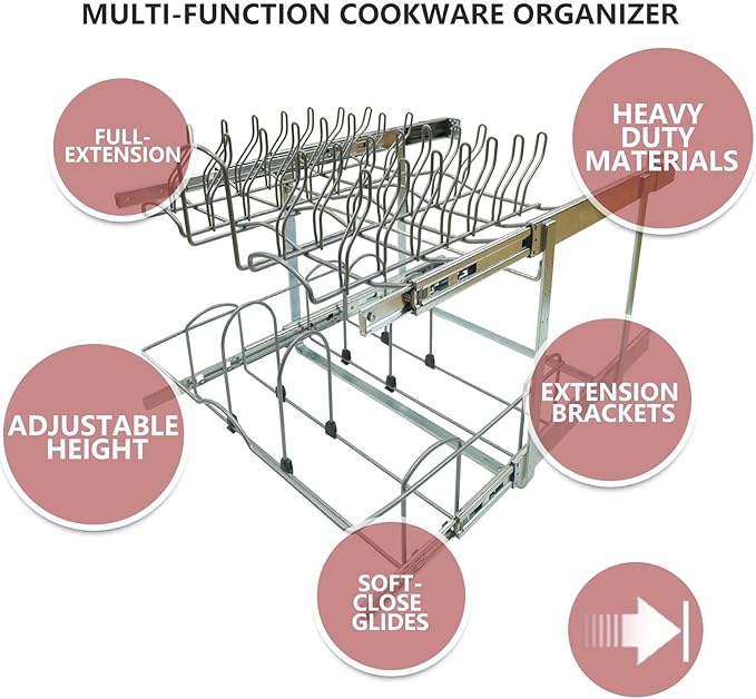 2 Tier Pull Out Pot and Pan Organizer,(20½"W x 22" D) Pull Out Cabinet Organizer for Pot Pan Lid Organization, Individual Pull Out Cabinet Organizer for 24 inch and above cabinet