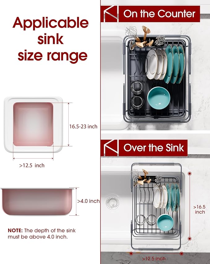 Extendable Dish Drying Rack Over Sink with Dish Drainer, Sink Organization and Storage Essentials with Silverware & Utensil Holder, Home and Apartment Decor, 12" W x 16.1~23" L, Gray