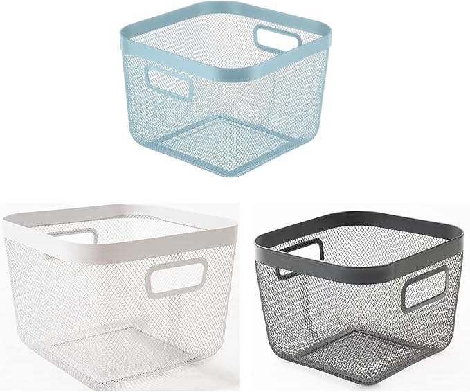 Metal Mesh Steel Baskets, Household Wire Storage Organizer Bin Garden Harvest Basket Multi-functional Fruit Baskets with Handles for Kitchen Bathroom Picnic Shopping Decor Cabinet Home, Blue
