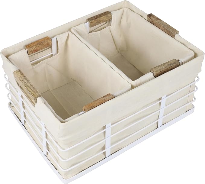 happimess BSK3002B-3SET Callan Vintage Industrial Wire Metal Nesting Storage Baskets with Wood Handles and Fabric Liner for Shelves, Cabinets, Pantry, Countertop, Mesh Open Bin, White (Set of 3)