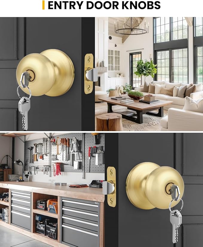 Goldenwarm Keyed-Alike Gold Exterior Door Knob with Lock and Key, Front Door Knob, Brushed Gold Door Knobs Exterior Entry 1 Pack