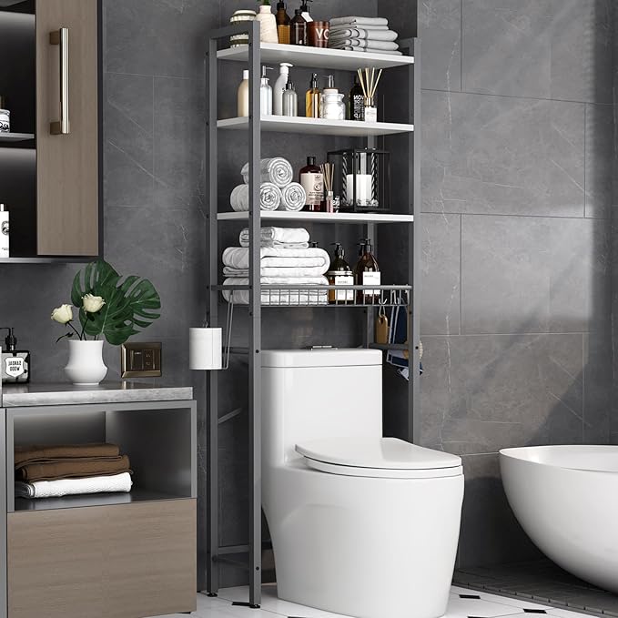 Over-The-Toilet Storage Rack, 4-Tier Bathroom Organizer Shelf Over Toilet with Adjustable Shelf and Basket, Freestanding Space Saver Bathroom Shelves Above Toilet for Room (Gray- White)