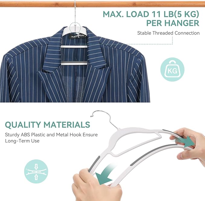 NCXTKJ 50 Pack Non-Slip Plastic Hangers with Tie Rack, Slim Space-Saving Clothes Hangers – Heavy Duty Plastic Hangers for Suit, Shirts, Pants, Dorms & Home Organization, White and Dark Gray