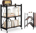 3 Tier Folding Shelf with Wheels, Wood and Metal Bookshelf, no Assembly Foldable Storage Shelves, Vintage Storage Rack for Living Room, Bedroom, and Home Office
