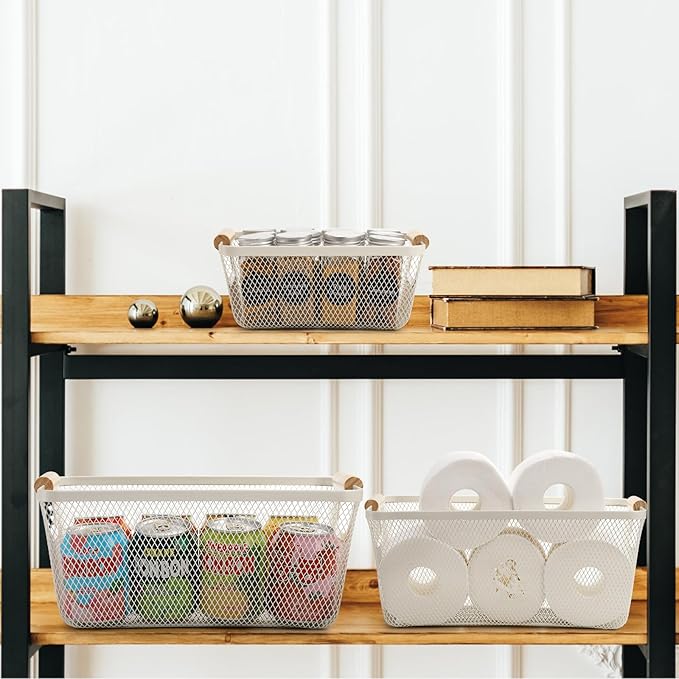 3 Pack Metal Mesh Baskets with Wood Handle, Iron Storage Organizer Basket, Cream White Wire Countertop Baskets for Organizing, Cabinet Pantry Closet Bedroom Kitchen(3 Size)
