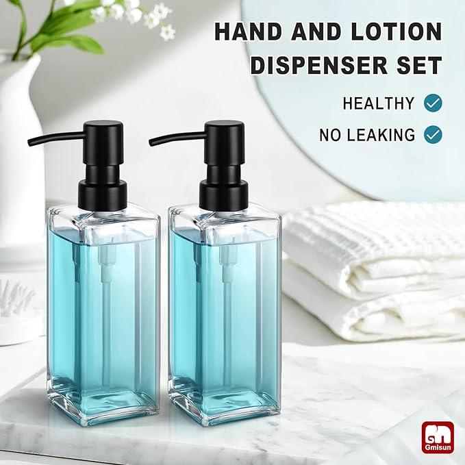 GMISUN Glass Soap Dispenser with Stainless Steel Pump, Clear Hand Soap Dispenser for Bathroom, 12 fl oz/350ml Refillable Dish Dispenser for Kitchen, Modern Liquid Soap and Lotion Bottle for Countertop