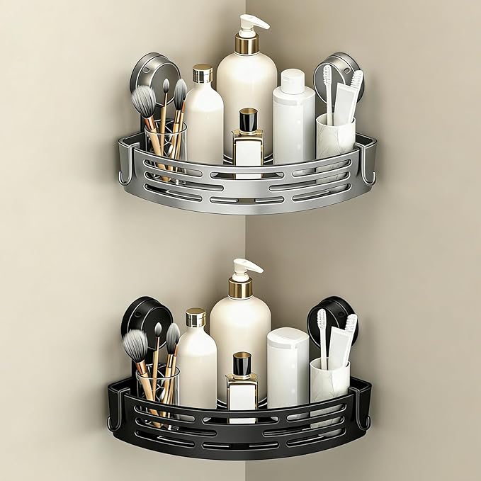 Triangle Suction Cup Shower Caddy, No-Drill Bathroom Corner Shelf, Small Bathroom Storage Cabinet, Easy To Install, Heavy-Duty Strong Hold Shower Storage Rack For Shampoo & Soap (Black and Gray)