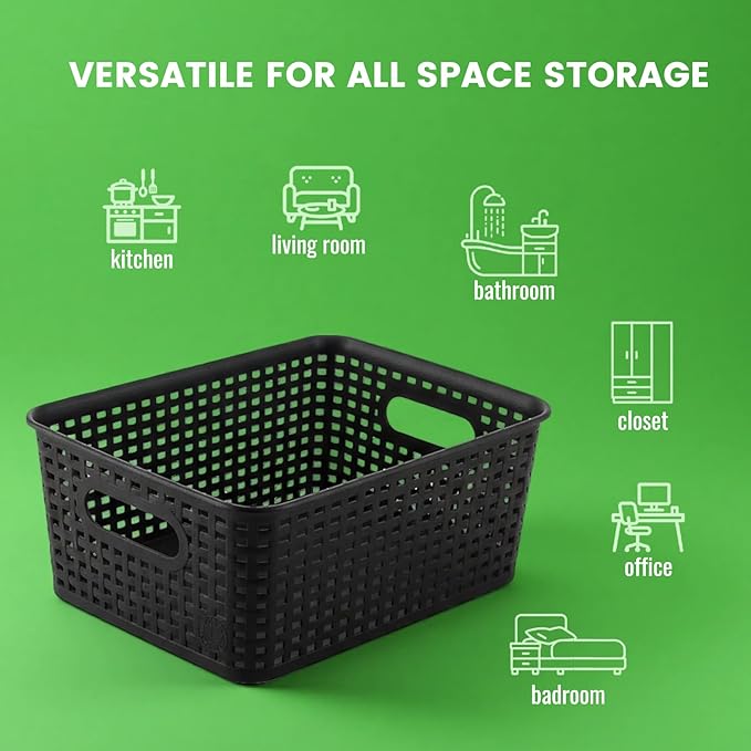AREYZIN Plastic Storage Baskets Set of 6 Sturdy Small Organizer Bins Storage Baskets for Shelves,Closet,Countertops, Desktops, Cabinets and Badrooms,Black