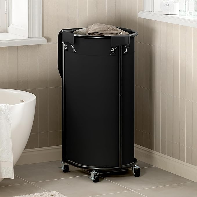 Chrislley Laundry Hamper with Wheels and Lid, 100L Rolling Laundry Basket, Half Round Laundry Cart with Removable Bag and Iron Frame, Dirty Clothes Hamper Organizer for Home, Dorm, Hotel, Black