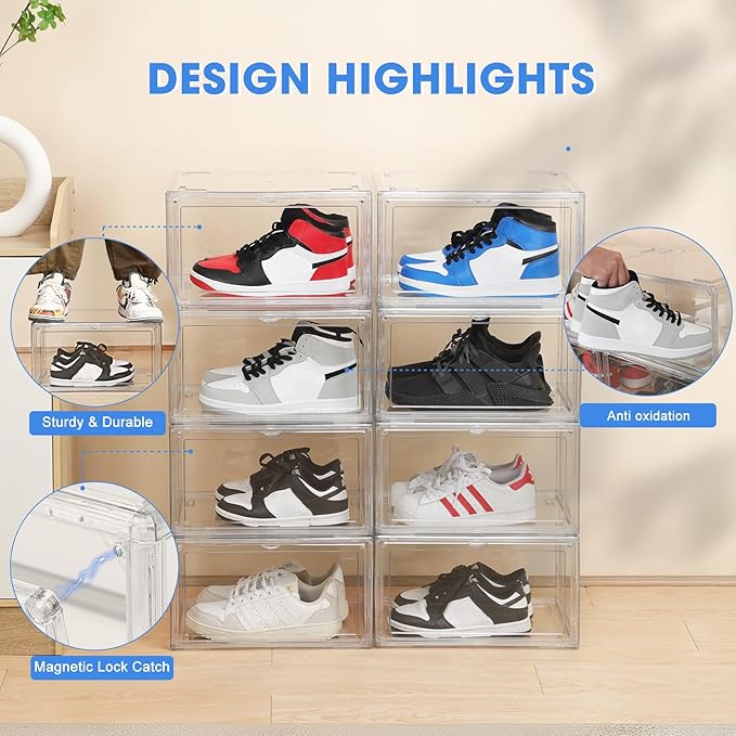 HIYOHIYO 8 Pack 360° Acrylic Clear Shoe Organizer for High-end Sports Shoes, All Clear Display Shoe Storage Box, Fully Transparent Display Case with Magnetic Door, Fit Size 14 (14.2"x10.6"x7.8")