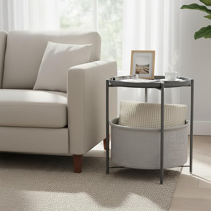 danpinera Round Side Table with Fabric Storage Basket, Metal Side Table Small Bedside Table Nightstand with Removable Tray Top for Living Room, Bedroom, Nursery, Laundry, Gray