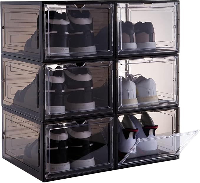 Shoe Organizer Shoe Storage Boxes, 6 Pack Large Drop Front Shoe Boxes with Magnetic Door, Clear Plastic Stackable Shoe Containers (Black)
