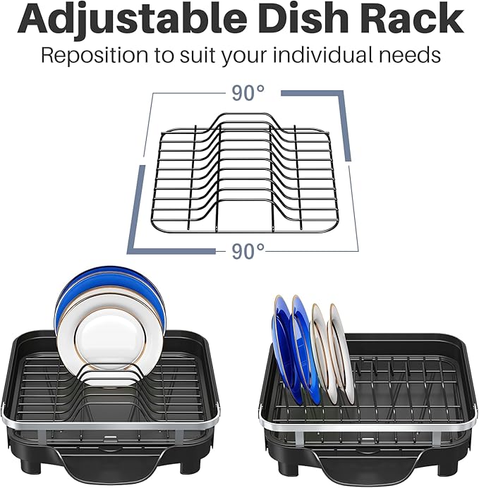 Dish Drying Rack – Expandable Dish Rack for Kitchen Counter, Stainless Steel Dish Drainer with Utensil Holder, Black
