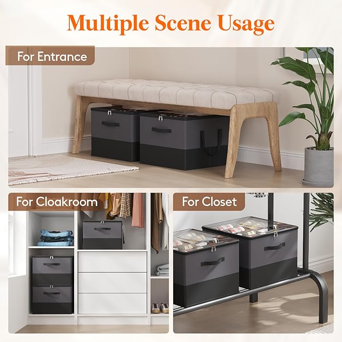 Lifewit Shoe Storage Organizer for Closet, Fabric Large Shoe Box Storage Containers with Clear Cover, Foldable Bins for Boots Heels Sneakers Fits 24-32 Pairs (Each 12-16 Pairs) 2 Pack Black and Gray