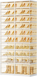 EHAMILY 10 Tiers 20-40 Pairs Foldable Shoe Boxes Large Plastic Shoe Storage Rack Collapsible Shoe Organizer For Closet Tall Shoe Shelf Clear Stackable Shoes Cabinet with Doors Entryway