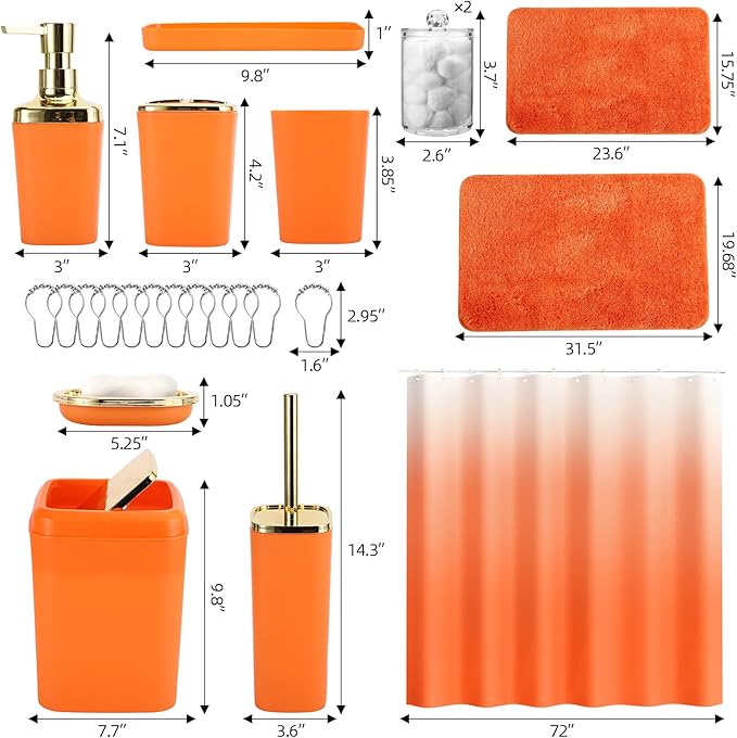 Bathroom Set - Orange Bathroom Sets with Shower Curtain and Rugs, 24PCS Shower Curtain Set with Hooks, Soap Dispenser, Soap Dish, Toilet Brush Holder and Trash Can for Housewarming