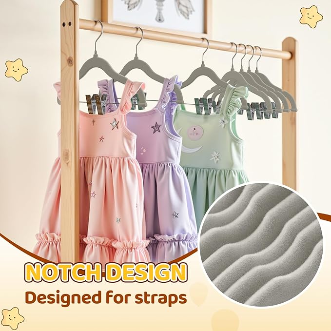 Flottian 36-Pack Baby and Kids Velvet Hangers with Clips, Non Slip and Space-Saving Kids Pants Hangers for Baby/Toddler Pants, Skirts, Coats, Gray